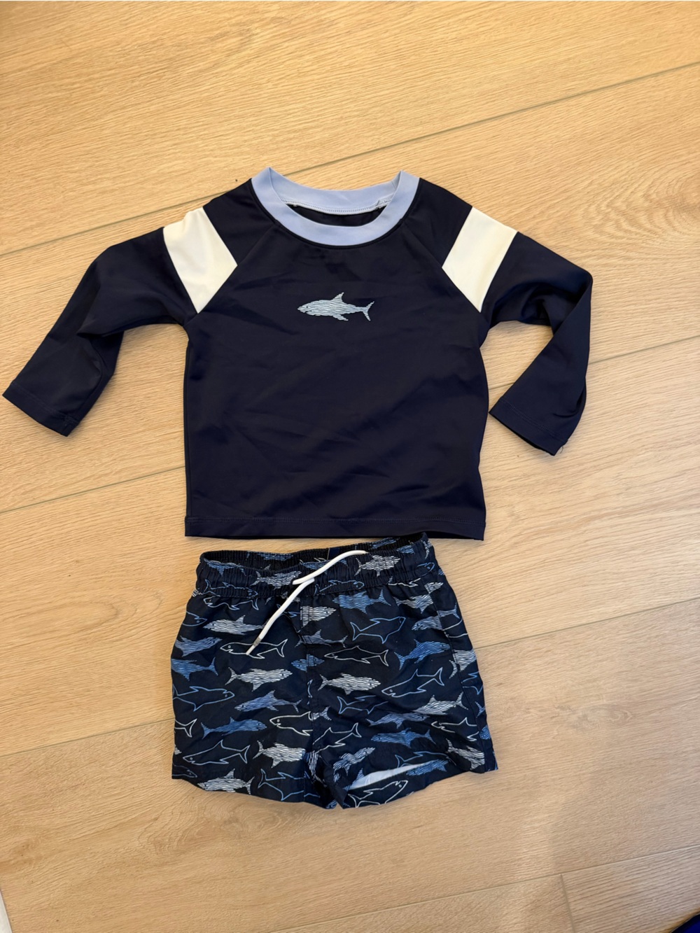 Janie and Jack Navy and white Shark Rashguard and trunks bathing suit Swim Set